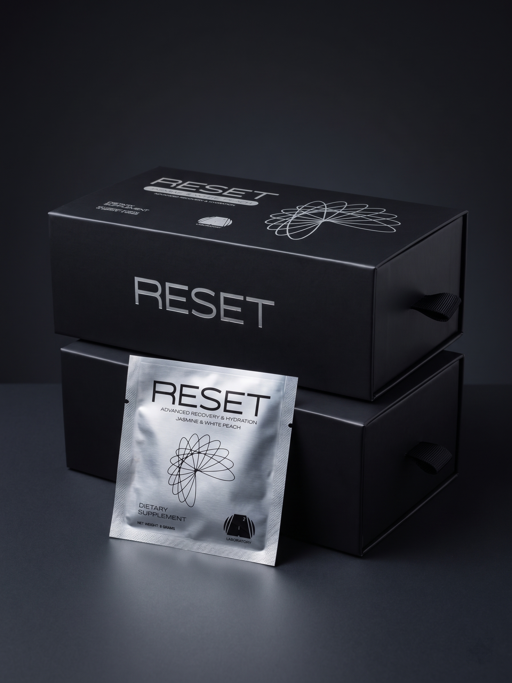 Two RESET premium boxes stacked with a sachet on a dark surface